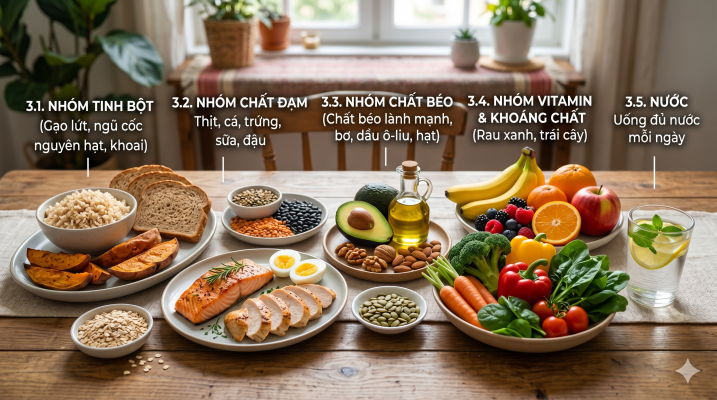 Chế độ ăn uống cân bằng gồm sự phối hợp, hợp lý của 4 nhóm chất